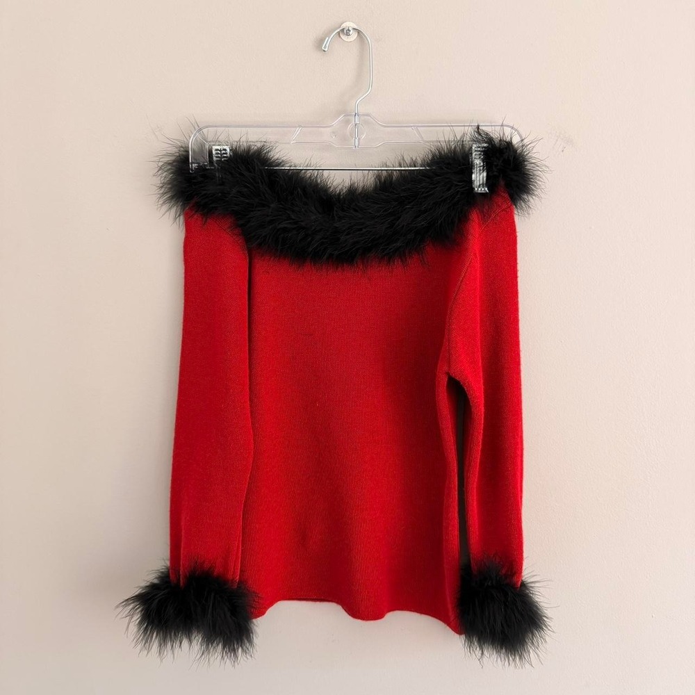 Y2K RED AND BLACK SPOILED GIRL FUR TRIM SWEATER TOP